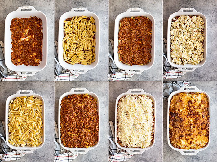 Eight pictures showing how to layer this pasta dish.
