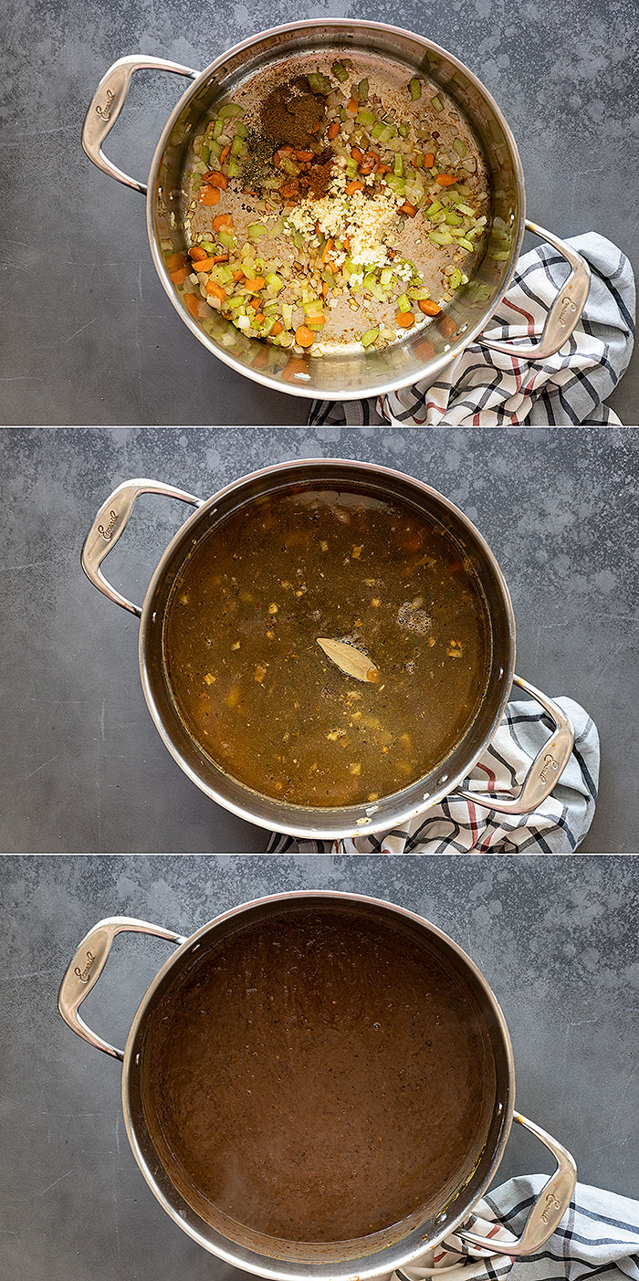 Three pictures showing how to make black bean soup. Sautéing vegetables, adding the remaining ingredients and simmering, then blending.