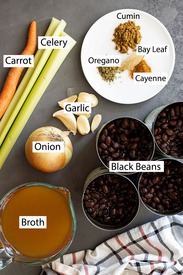 Ingredients for this soup: black beans, carrot, celery, onion, garlic, broth, seasonings.