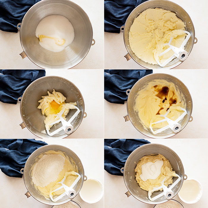 Six pictures showing how to make coffee cake. Starting with the creaming of the butter and sugar to adding in the flour and sour cream.