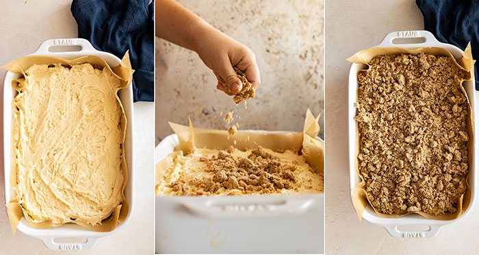 Three pictures showing how to finish the cake and add the crumb topping.