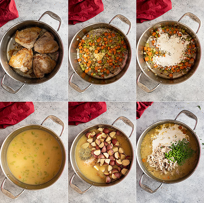Six pictures showing the steps to making the stew.