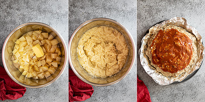 Three pictures showing how to finish this one pot meal: mashing the potatoes and glazing the meatloaf. 