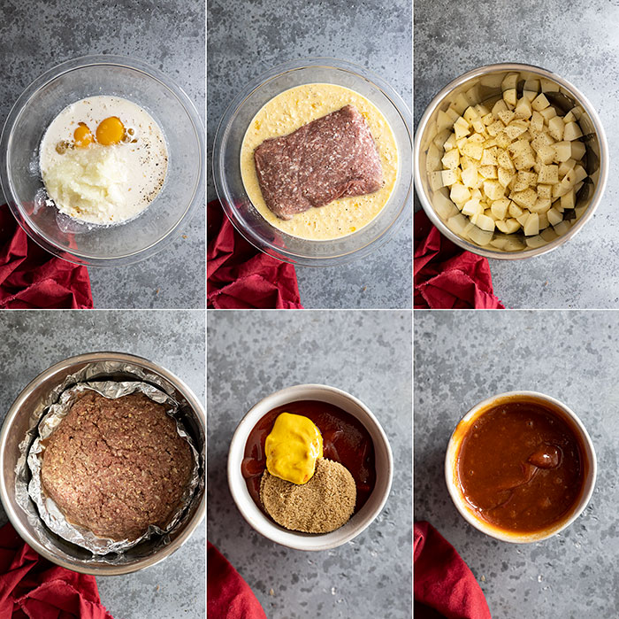 Six pictures showing the steps to making the meatloaf, potaotes, and glaze. 