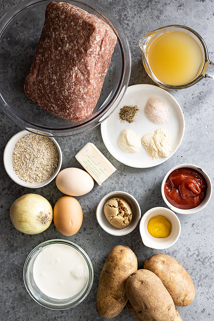 Ingredients to make this instant pot meal: ground beef, seasonings, potatoes, eggs, butter, and a sauce. 