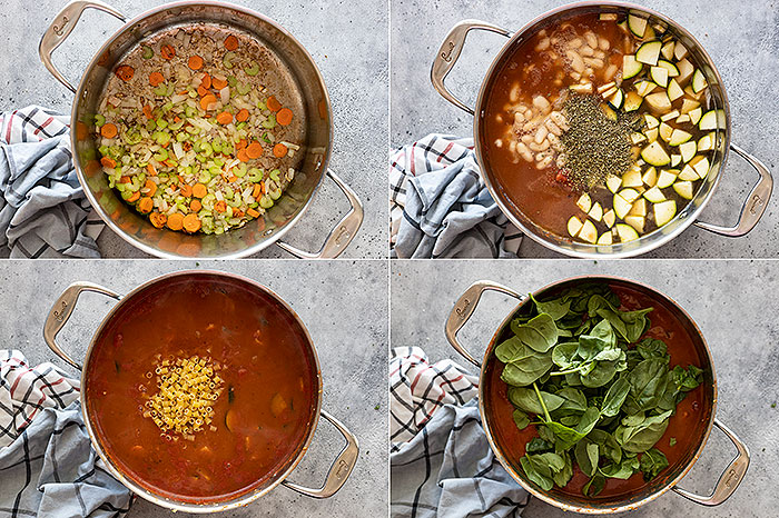 Four pictures showing how easy it is to make this vegetarian soup.