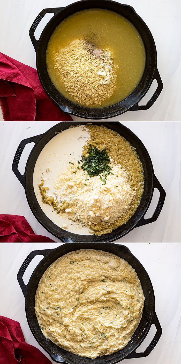 Three pictures showing how to make this dish: cooking the pasta in broth, stirring in the remaining ingredients, and how it looks finished.