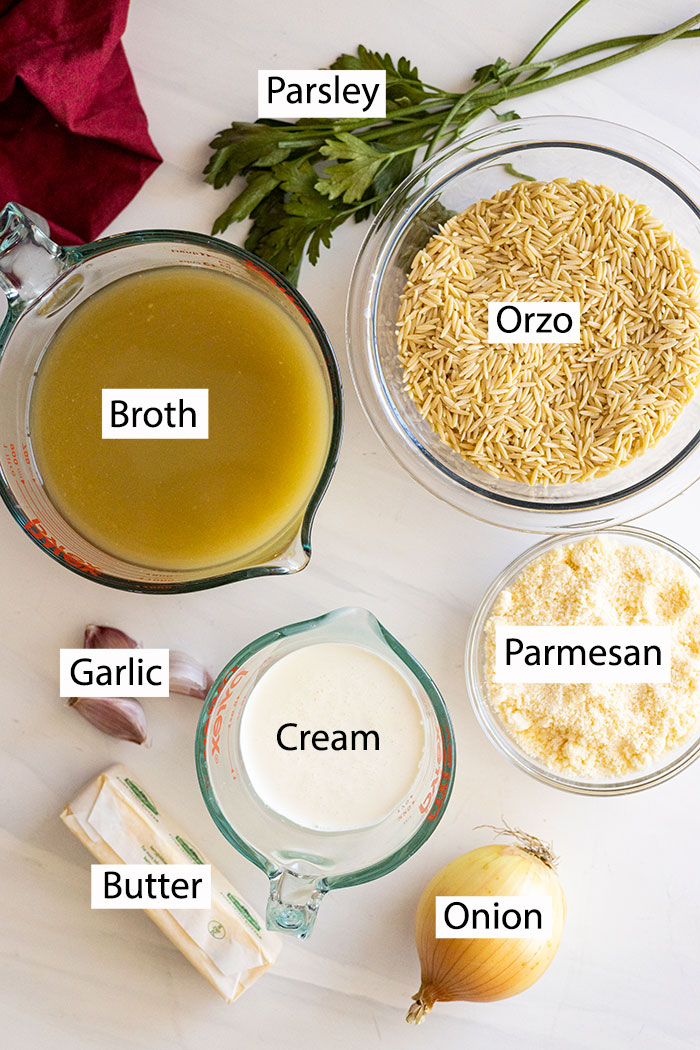 Ingredients for parmesan orzo: orzo pasta, broth, cream, garlic, butter, onion, and parmesan.