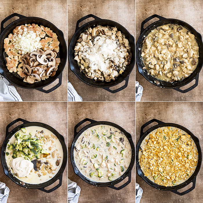 Six pictures showing how to make the casserole: Cooking the chicken and veggies, making the cream sauce, adding in the other ingredients, and adding the topping. 