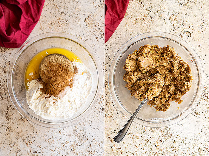 Two pictures showing how to make the crumb topping. One with the ingredients in the bowl and the other with everything mixed together.