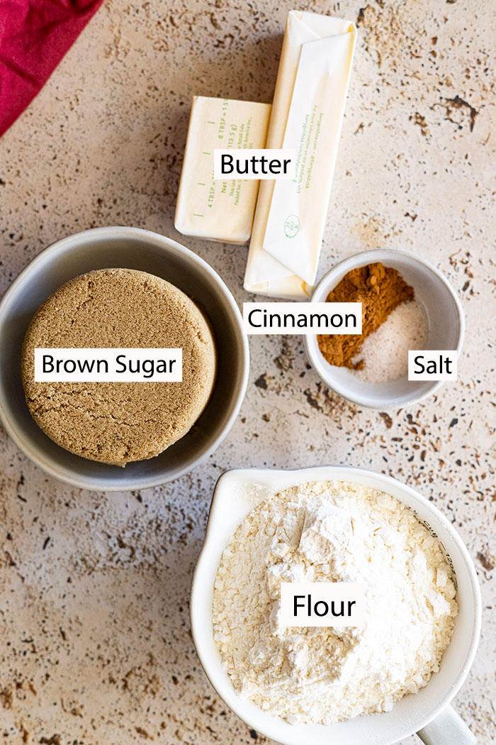 Ingredients for the crumb topping: butter, brown sugar, cinnamon, salt, and flour.