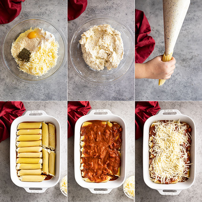 Six pictures showing how to make cheese manicotti: making the filing, filling the shells, covering with sauce, and topping with cheese in the casserole dish.