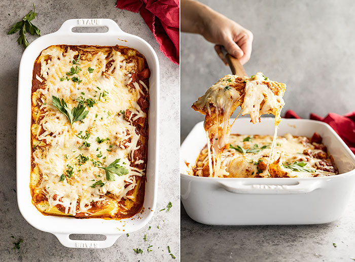 Two pictures one showing manicotti fresh from the oven and garnished with fresh parsley. The other picture showing manicotti being scooped out to serve. 