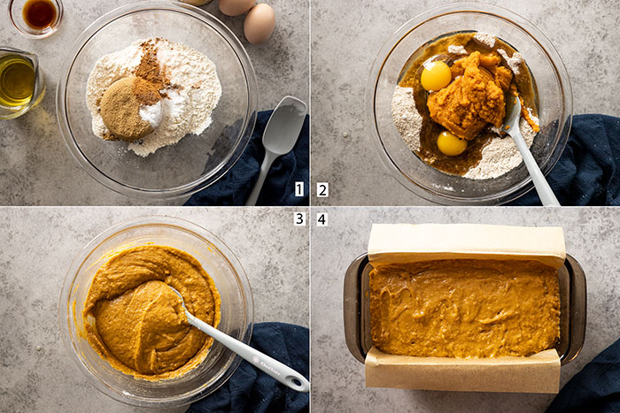 Four pictures showing how to make this bread: mixing the dry, adding in the wet and mixing, pouring into a baking pan.