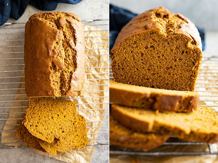 Two pictures of pumpkin bread. One and overhead view of bread with some sliced and one a straight on view with some of it sliced and showing the texture of the bread. 
