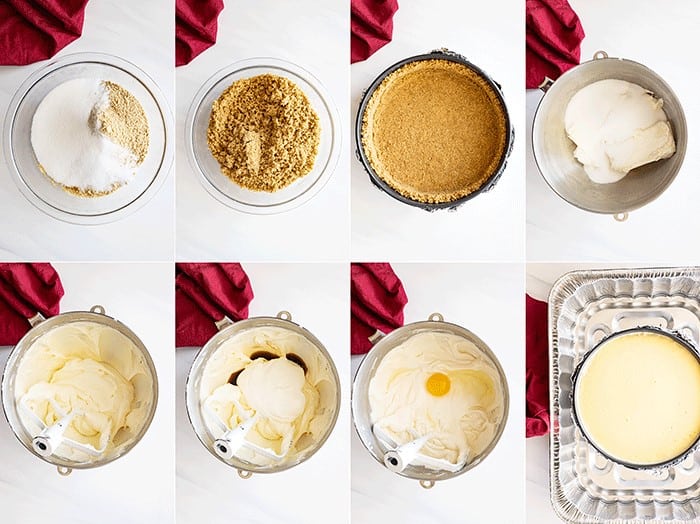 Eight pictures showing how to make this classic dessert: 3 showing how to make the crust, 4 showing how to make the cheesecake filling, and the last showing it in the water bath.