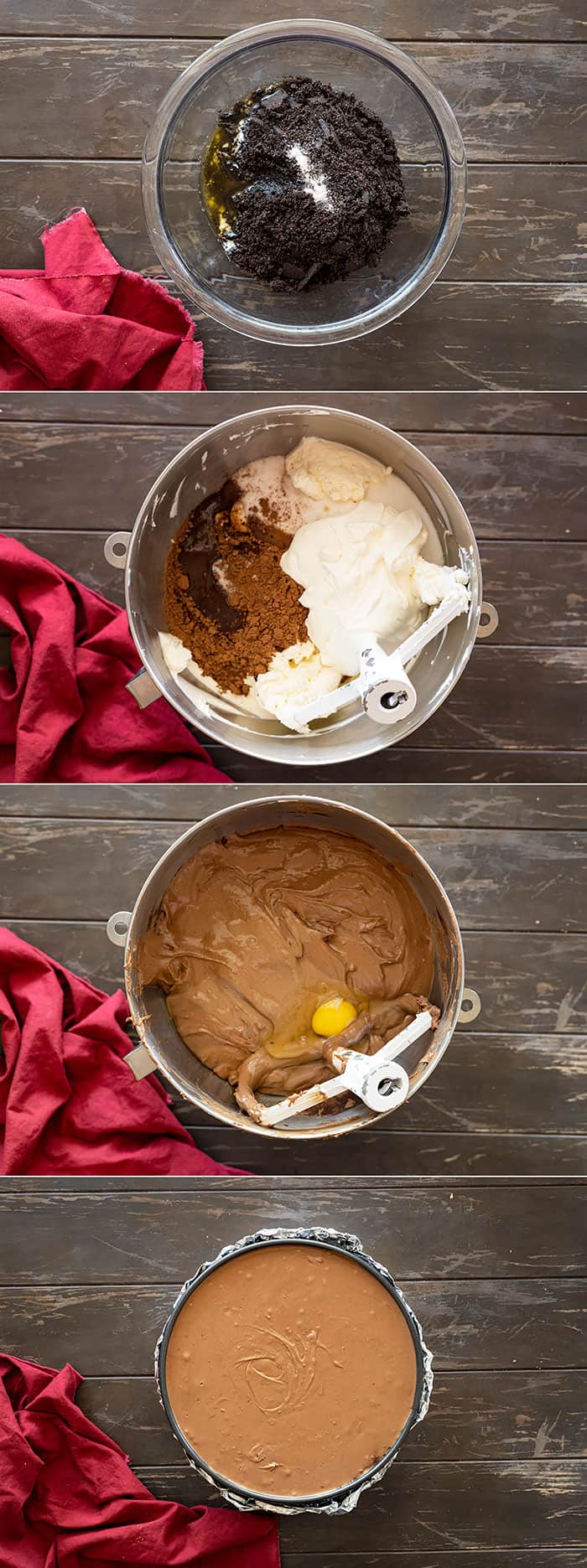 Four pictures showing how to make cheesecake: first the oreo crust, second mixing the batter, third adding the eggs, and last pouring into the pan. 