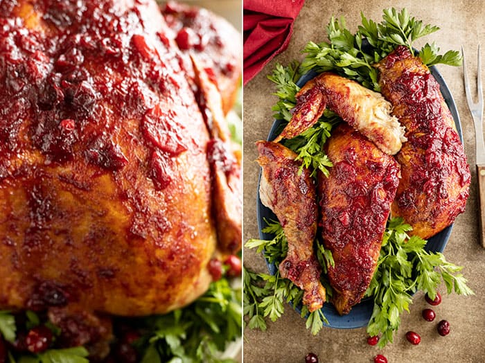 Two pictures: one showing a close up of the turkey breast and the other a blue plate filled with cuts of turkey ready to serve. Garnished with lots of parsley and cranberries. 