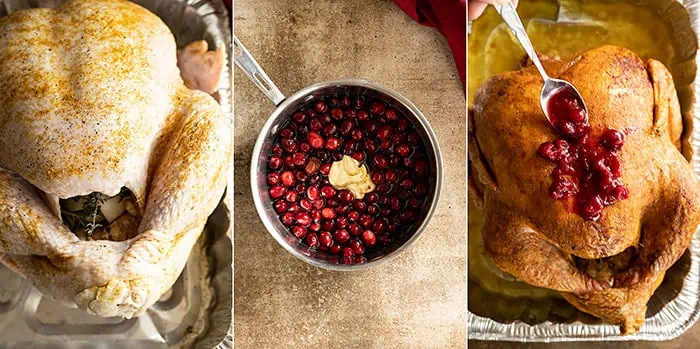 Three pictures showing how to make the turkey: brush bird with oil and salt and pepper, make cranberry sauce, brush roasted turkey with sauce. 