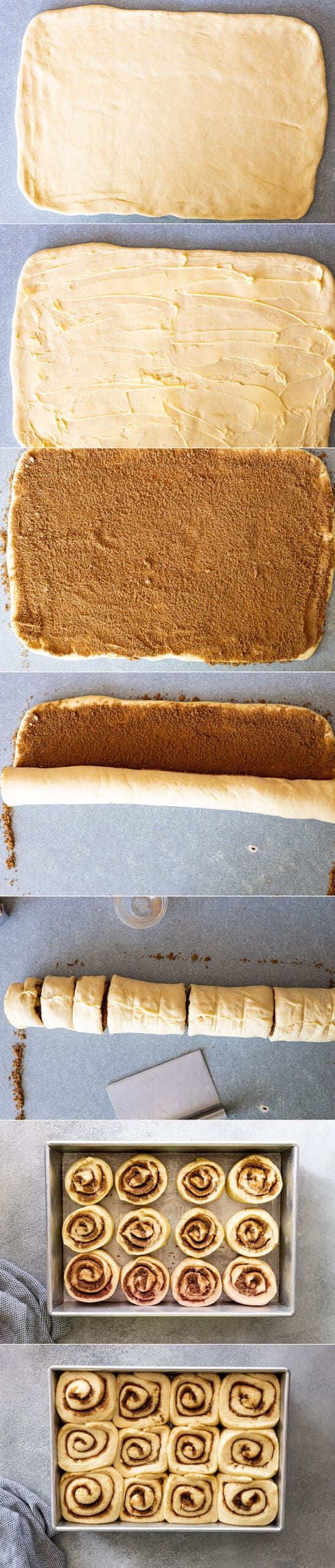 Seven pictures showing how to roll and cut cinnamon rolls. 
