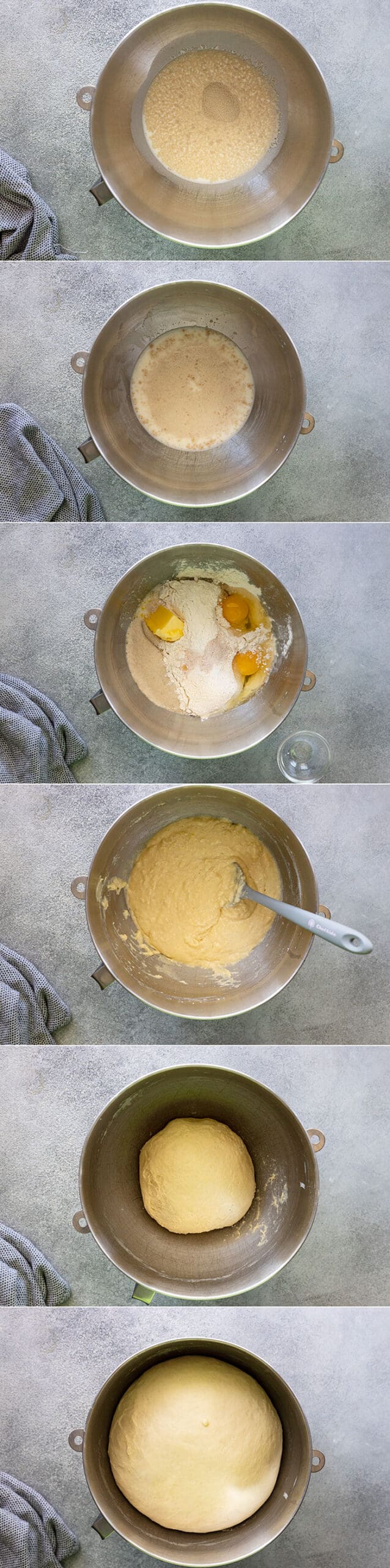 Six pictures showing how to mix and proof the dough for cinnamon rolls.
