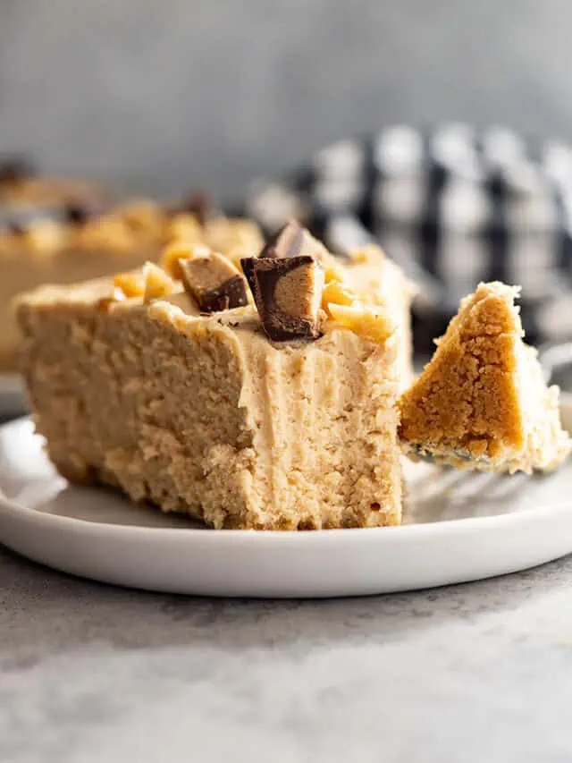 Slice of pie on a white plate with bite taken out. Peanuts and peanut butter cups on top.