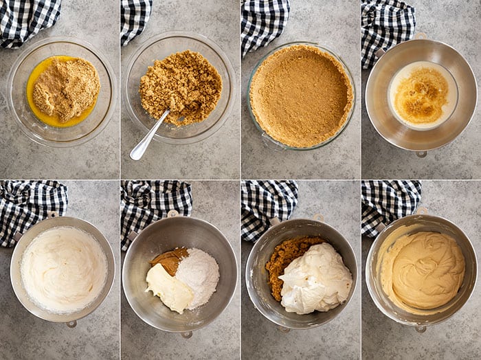 Eight pictures showing how to make this peanut butter pie. Three showing how to make the crust and five showing how to make the filling.