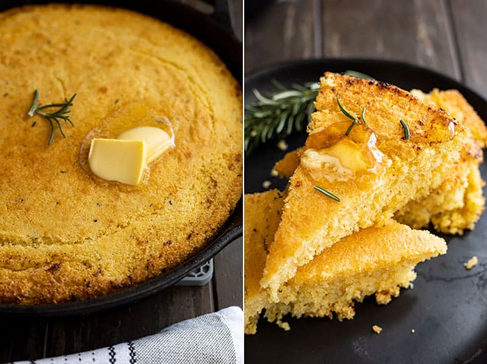 Two pictures: One showing cornbread in skillet with butter melting and second showing slices of cornbread on a black plate with butter, honey, and rosemary.