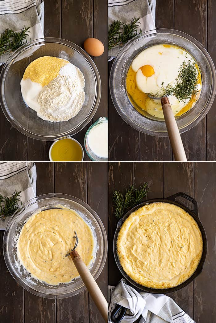 Four pictures showing how to make this cornbread: Mixing the dry, adding the wet, and pouring into a hot skillet.