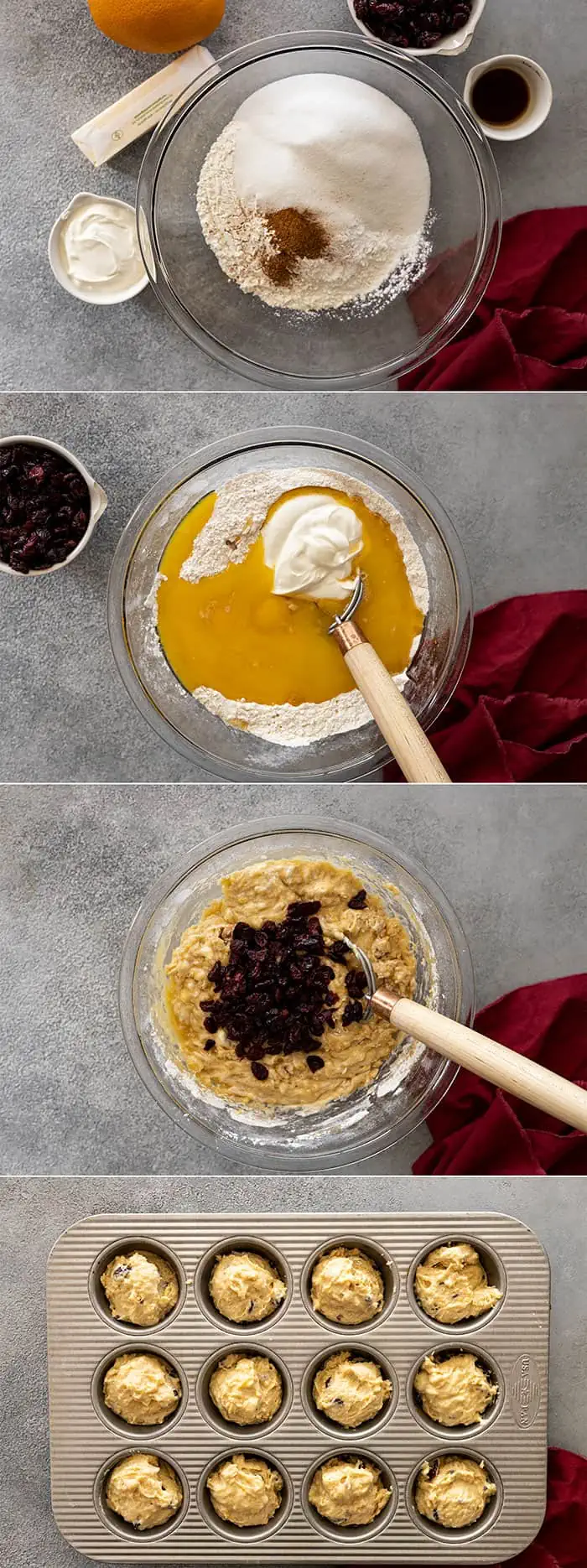 Four pictures showing how to make cranberry orange muffins. First mix the dry, add the wet, stir in the cranberries, then fill muffin tin. 