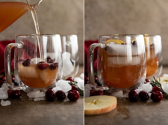 Two pictures: one pouring the mule into a mug and the other showing all the garnishes around the mug. 