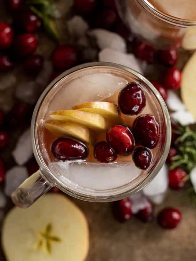 Overhead view of apple cranberry moscow mule in a mug decorated with apple slices and fresh cranberries.