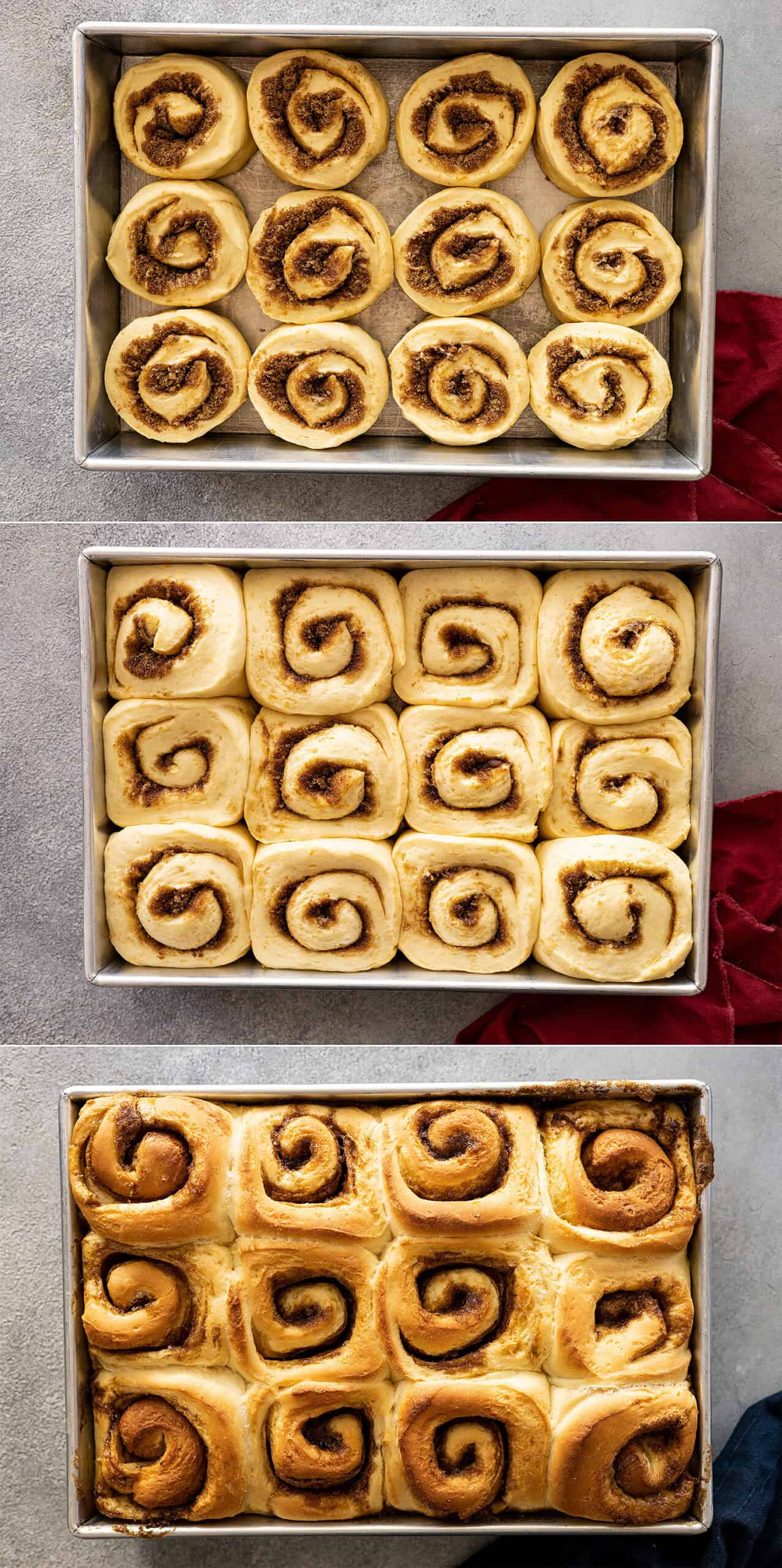 Three pictures showing the rising and baking of the rolls. 