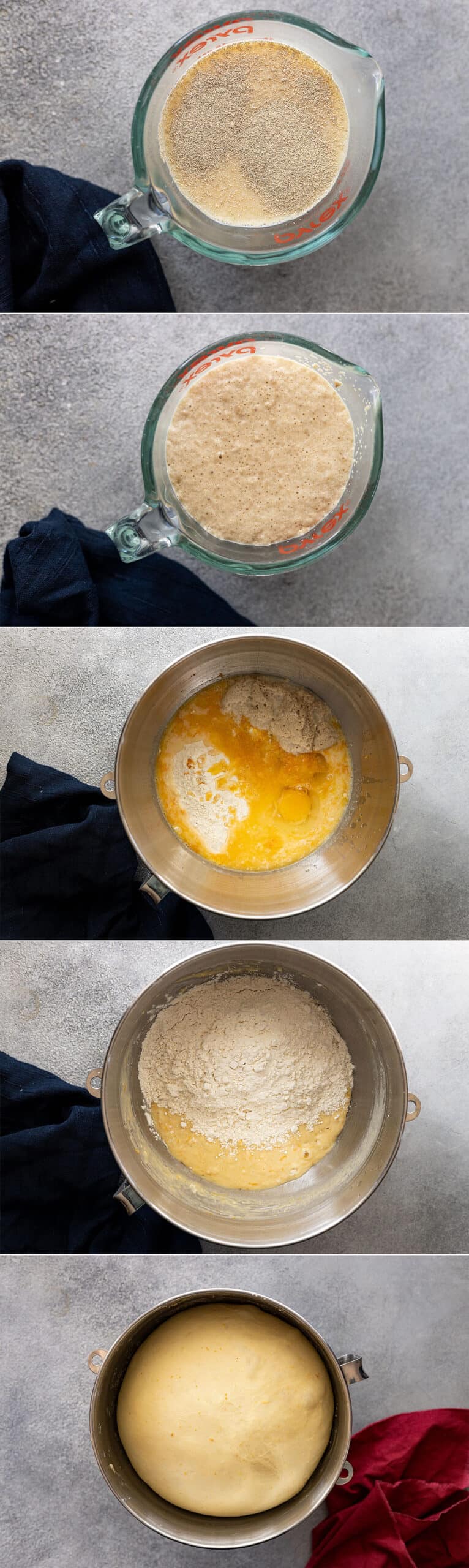 Five pictures showing how to mix the dough. 