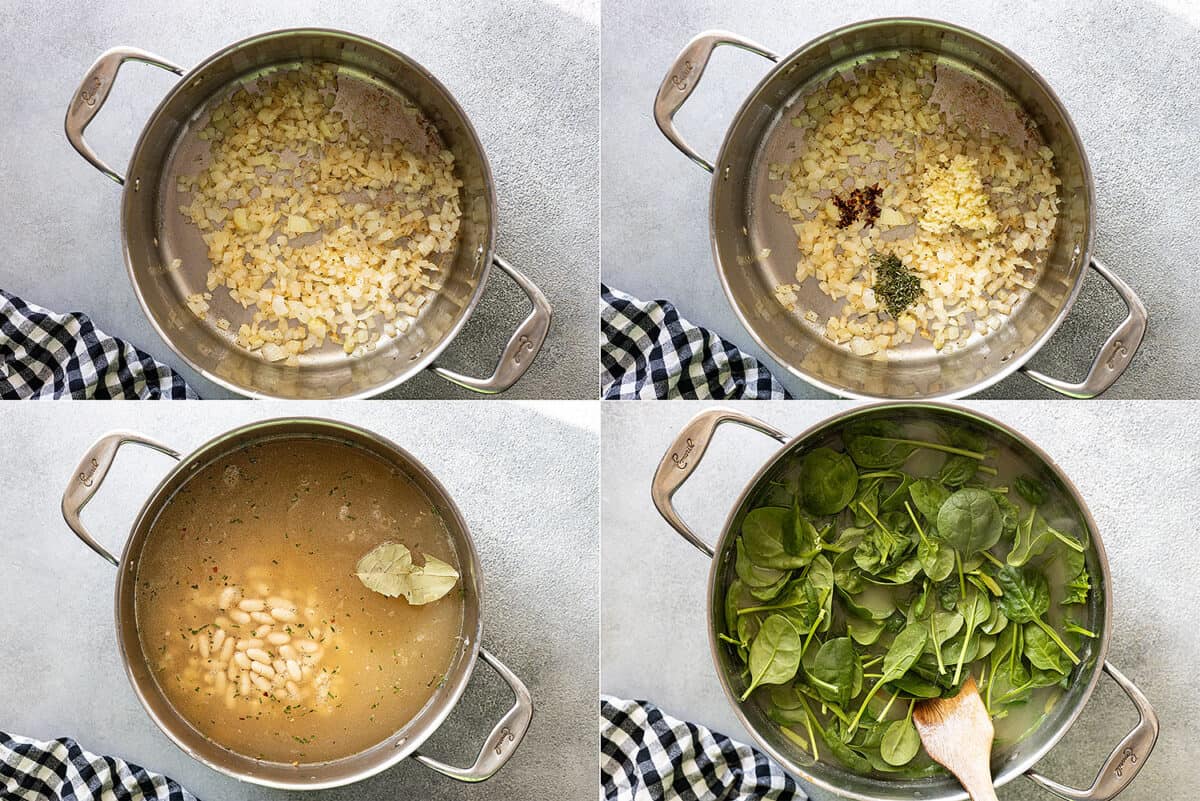Four pictures showing how to make the soup. Sautéing the onion, stirring in the garlic and seasonings, adding the broth and beans, stirring in the spinach at the end.  