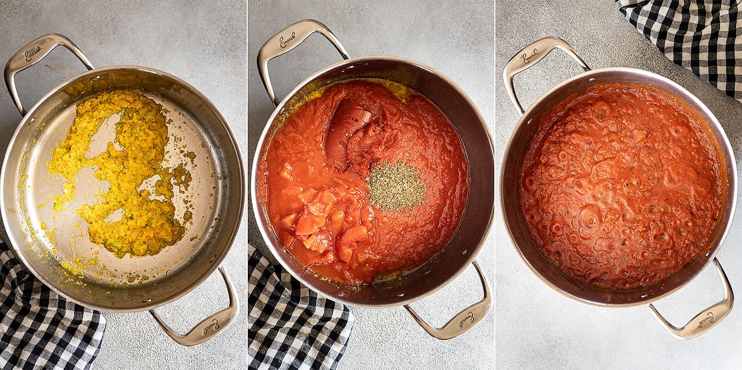 Three pictures showing how to cook the sauce. First sauté the vegetables then add the remaining ingredients and simmer.  
