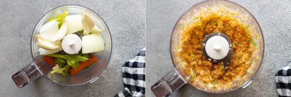 Two pictures showing how to prepare the vegetables for the sauce.