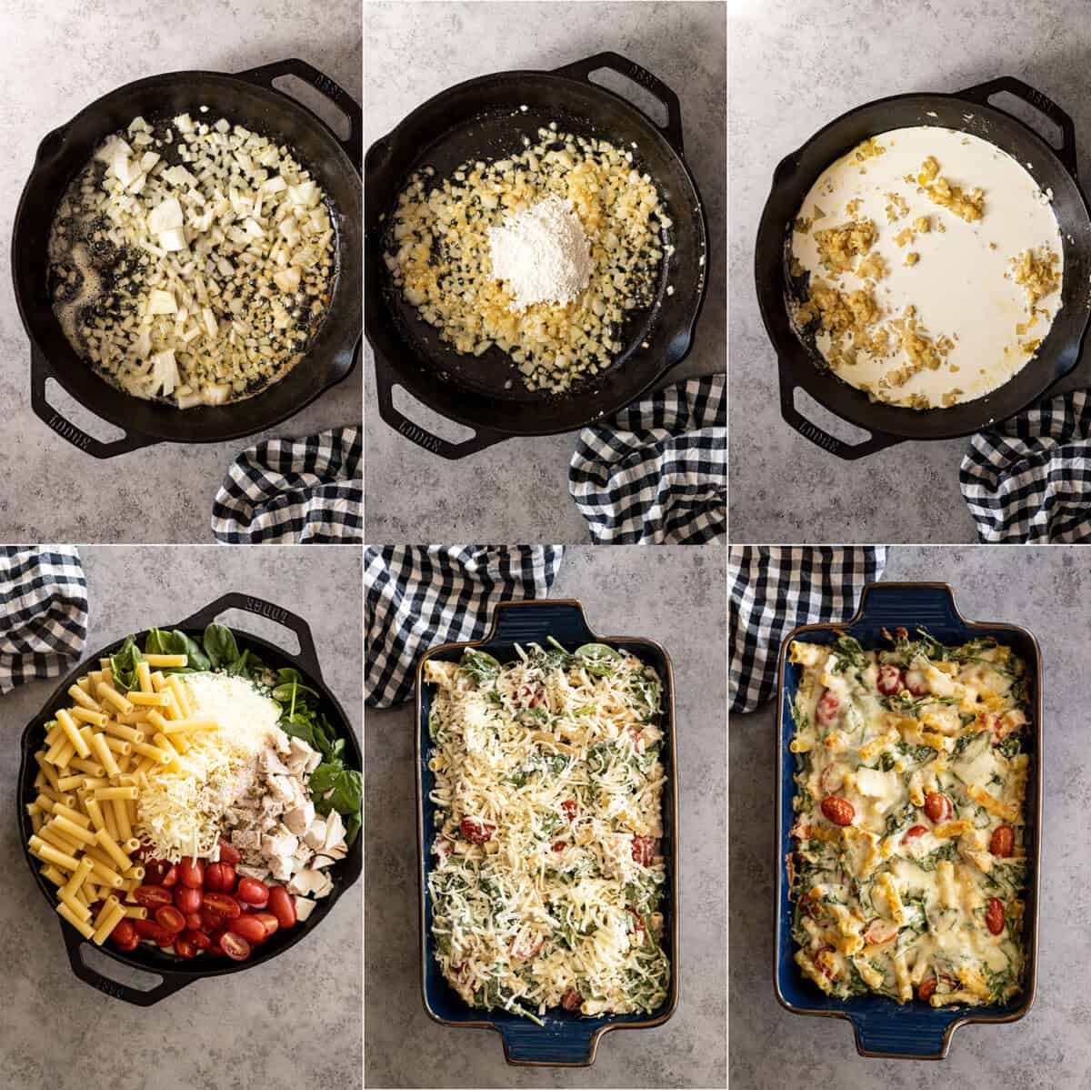 Six pictures showing how to make the casserole: Cook the onion, and garlic in butter; stir in flour; stir in half and half; add remaining ingredients; top with cheese and bake.