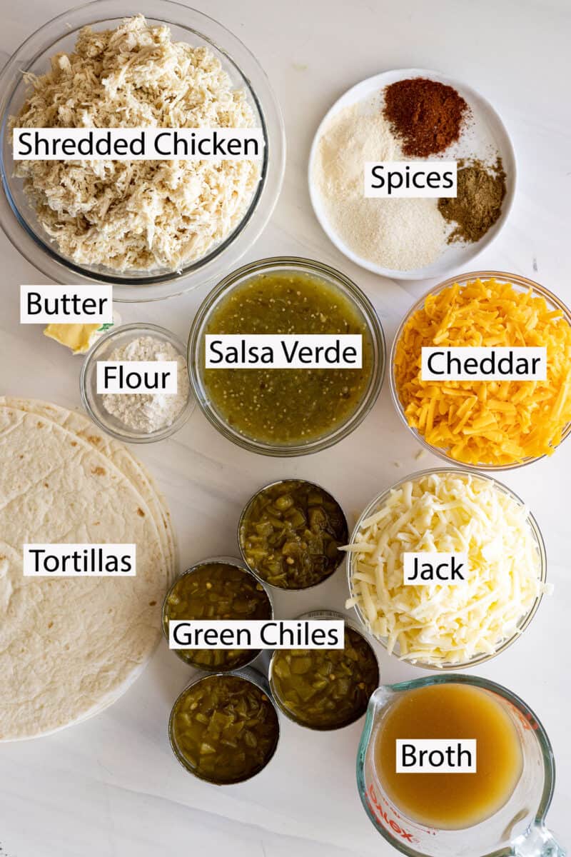 Ingredients: chicken, spices, butter, flour, salsa verde, cheeses, green chiles, tortillas, broth. 