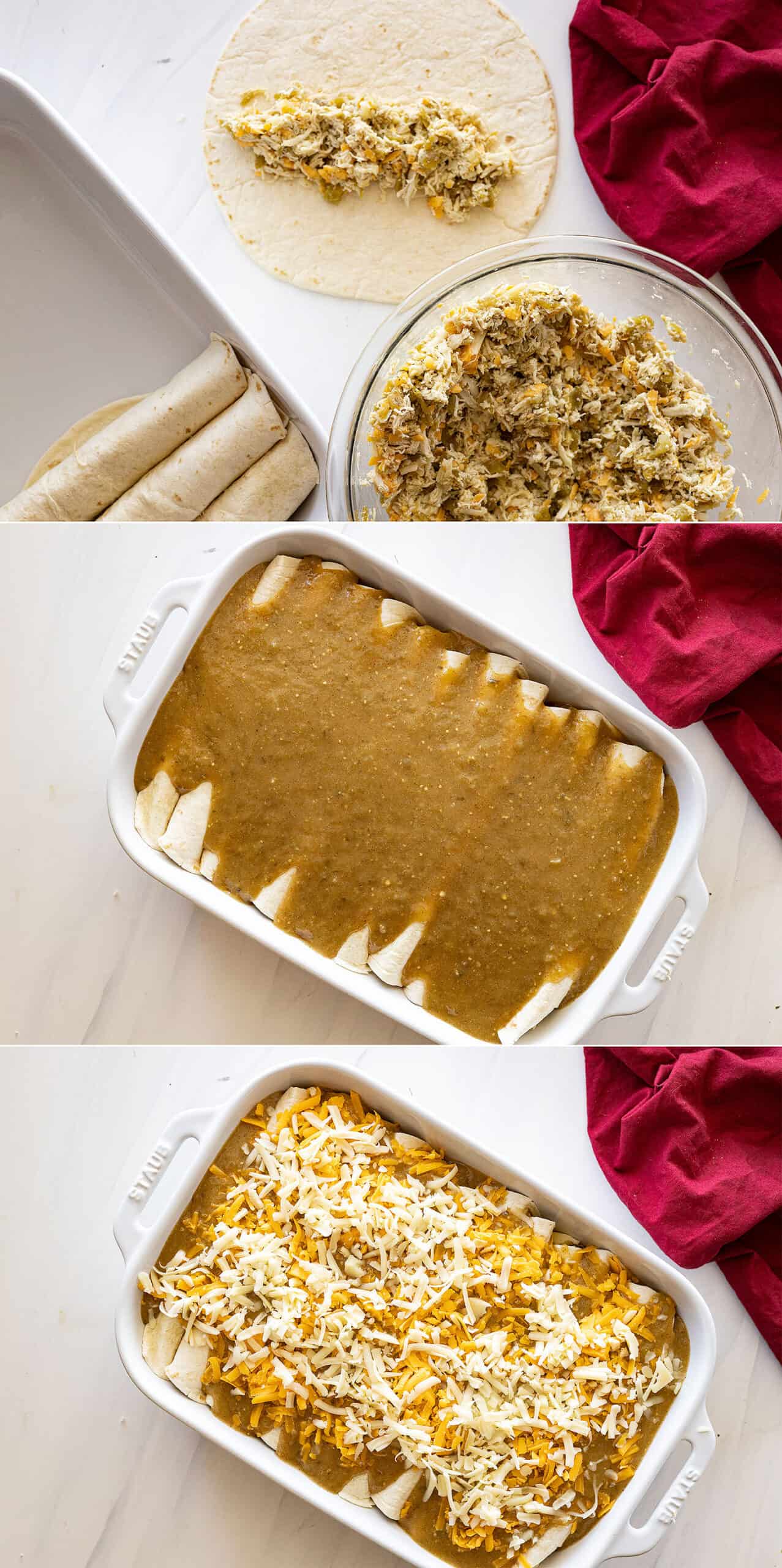 Three pictures showing how to assemble the enchiladas.