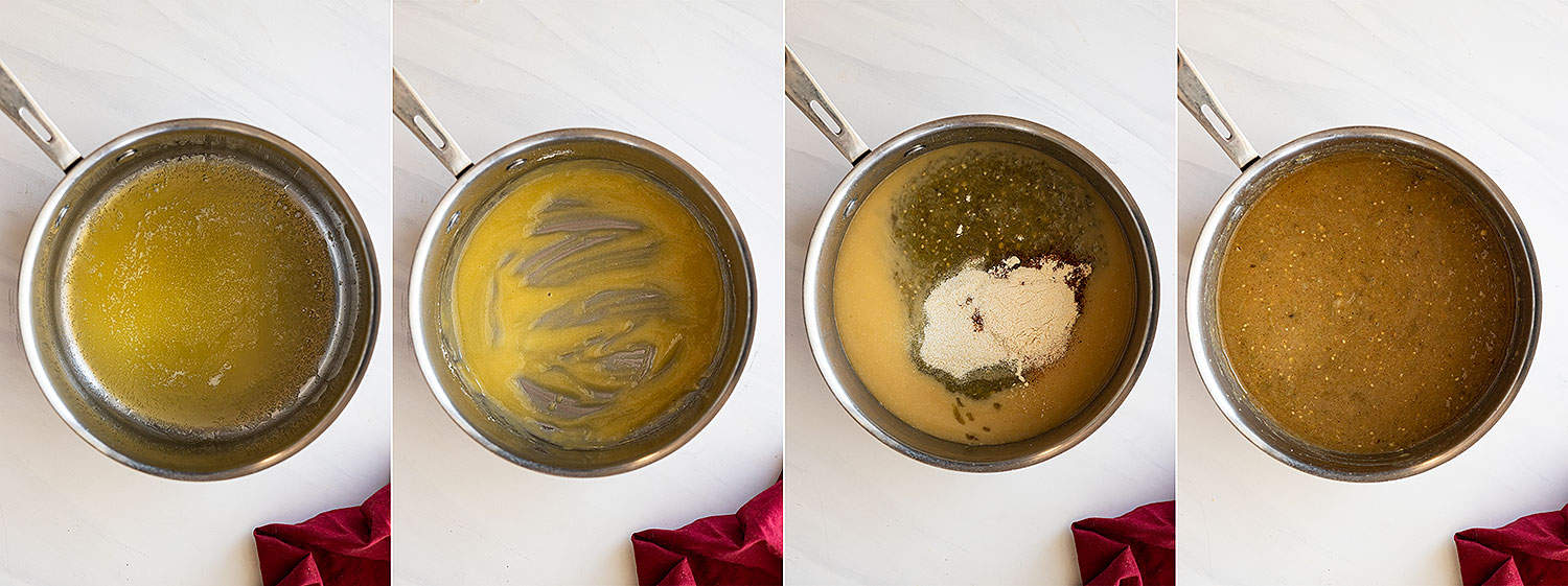 Four pictures showing how to make the green chile sauce.