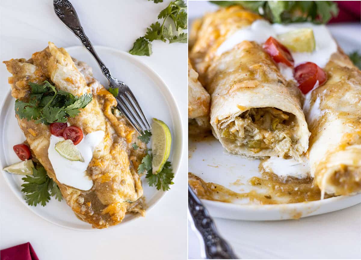 Two pictures showing the enchiladas on a white plate. One and overhead view and the other straight on with a bite taken out showing the filling. 
