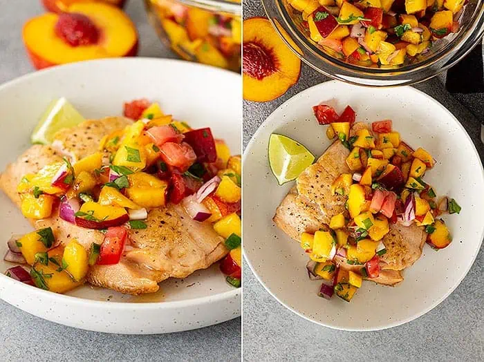 Jalapeno peach salsa over salmon. 