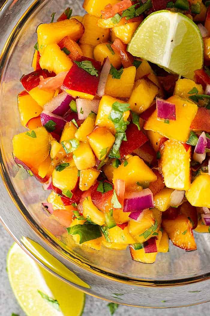 Close up of peach jalapeno salsa. 