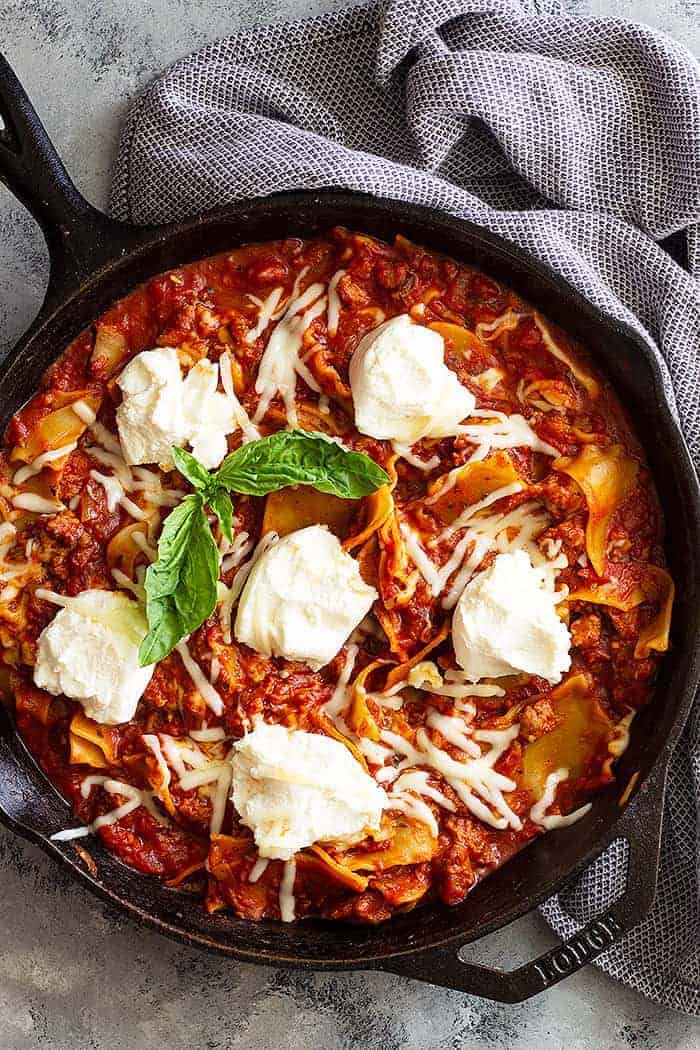 A top down view of this skillet lasagna recipe in a cast iron skillet.