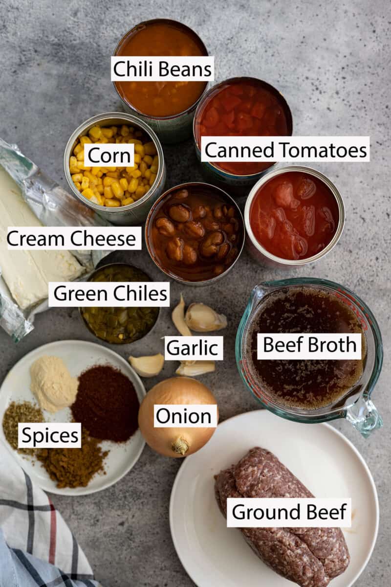 Ingredients: Canned tomatoes, chili beans, corn, cream cheese, green chiles, garlic, beef broth, spices, and ground beef. 