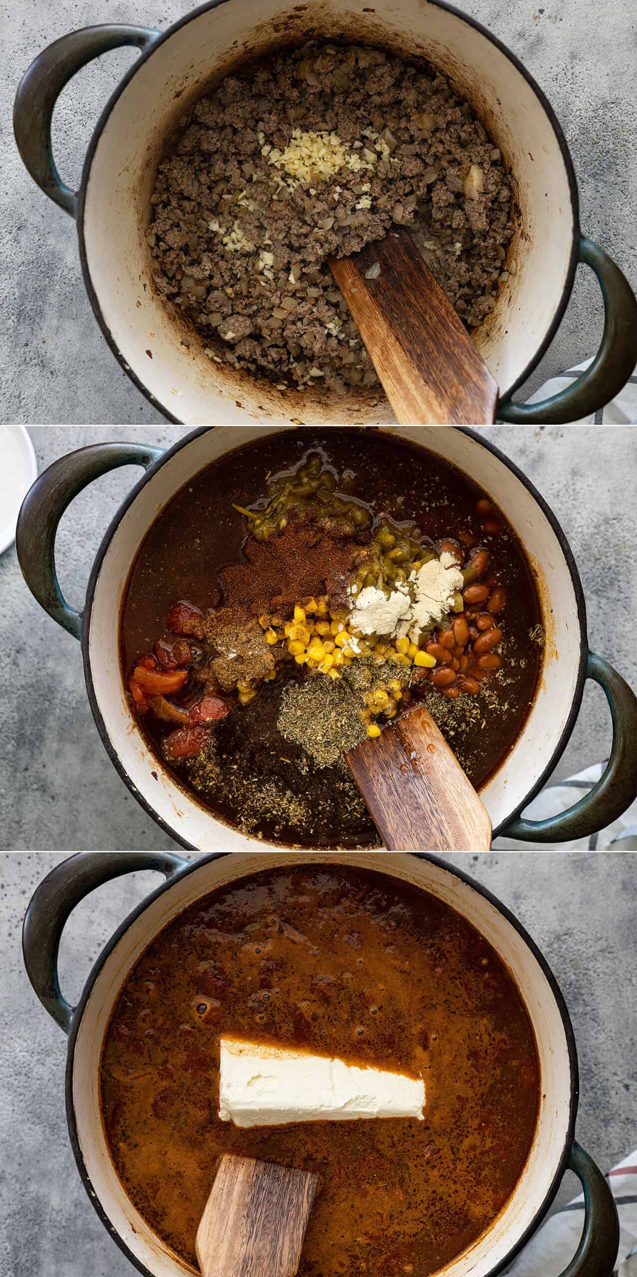 Three pictures showing how to make the soup: Brown the ground beef with the onion then stir in the garlic. Add all remaining ingredients except cream cheese. Stir in cream cheese until melted. 