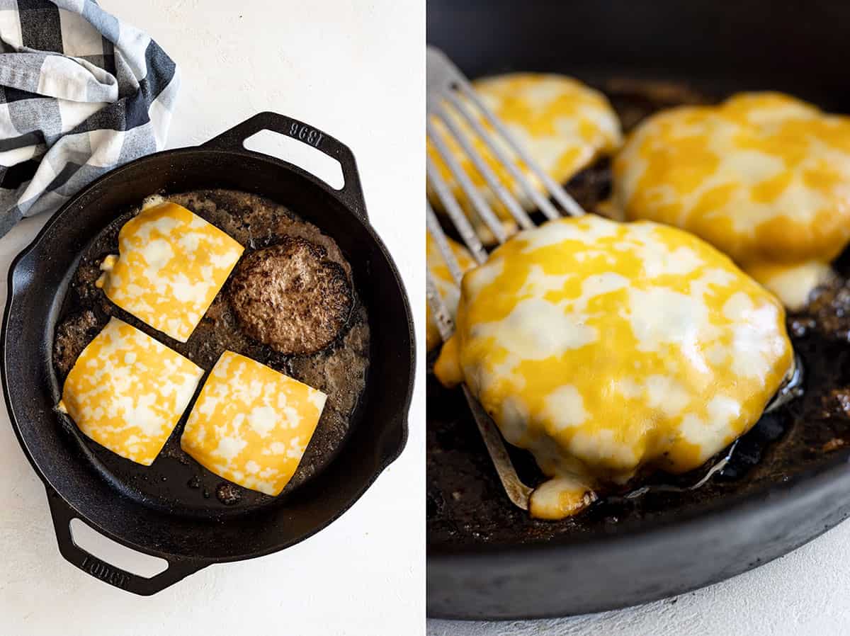 Two pictures showing the burgers being cooked in a cast iron skillet. 
