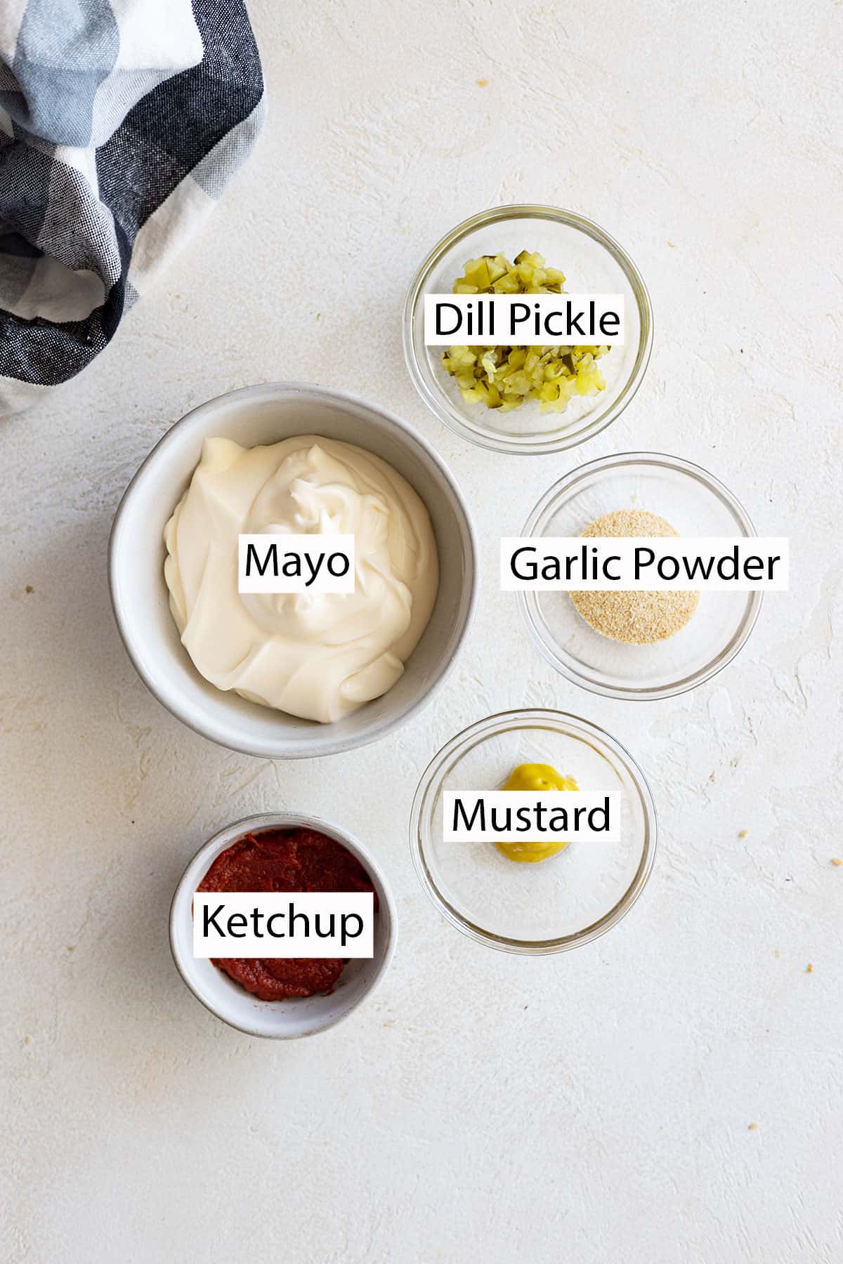 Burger sauce ingredients: mayo, dill pickle, garlic powder, mustard, and ketchup.