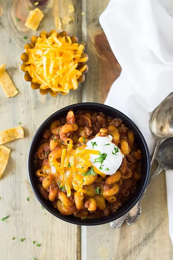 top down view of Crockpot chili mac in a bowl. 